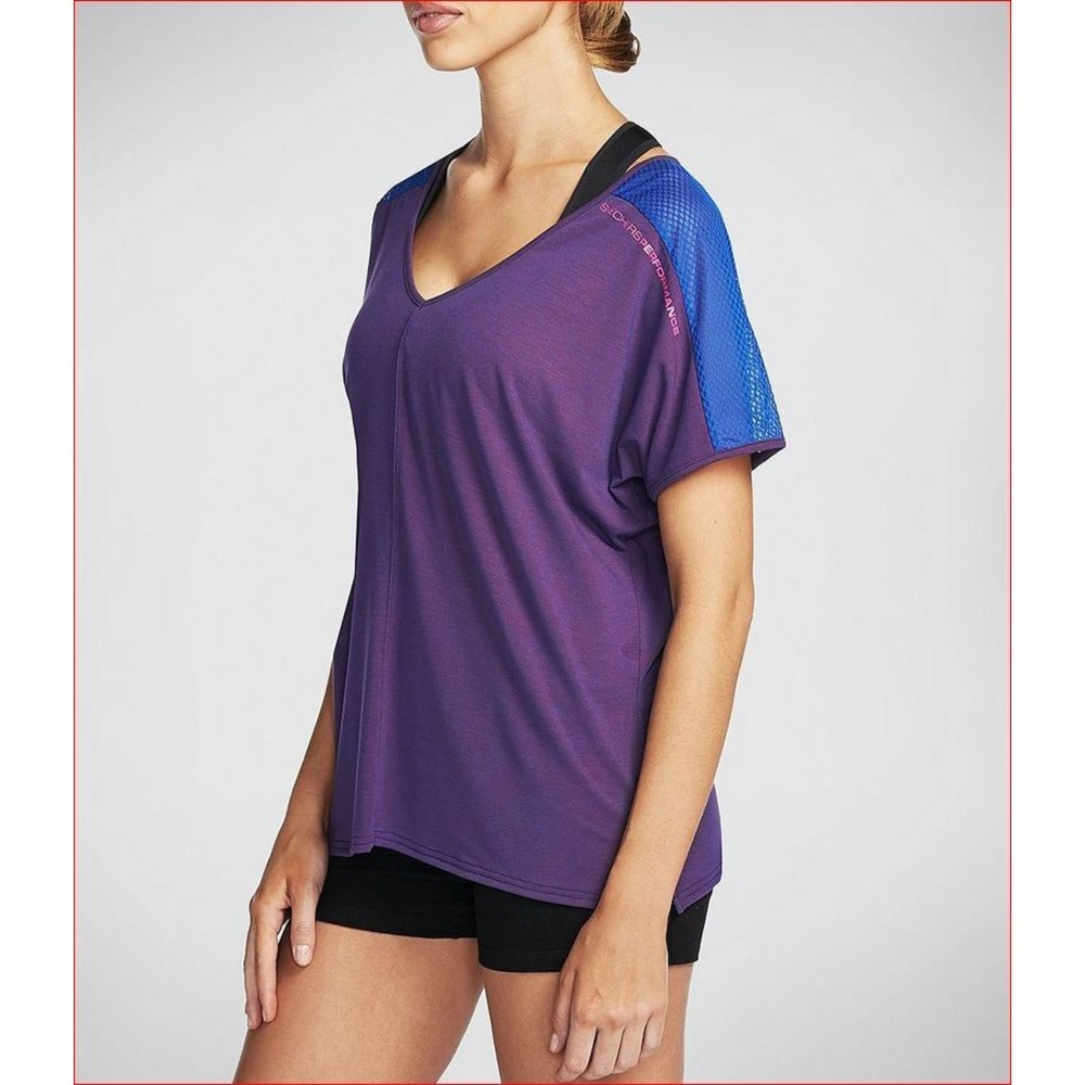 Skechers Performance Women Scenic Top Wine Blue Mesh Sports Shirt DWTS11 XS